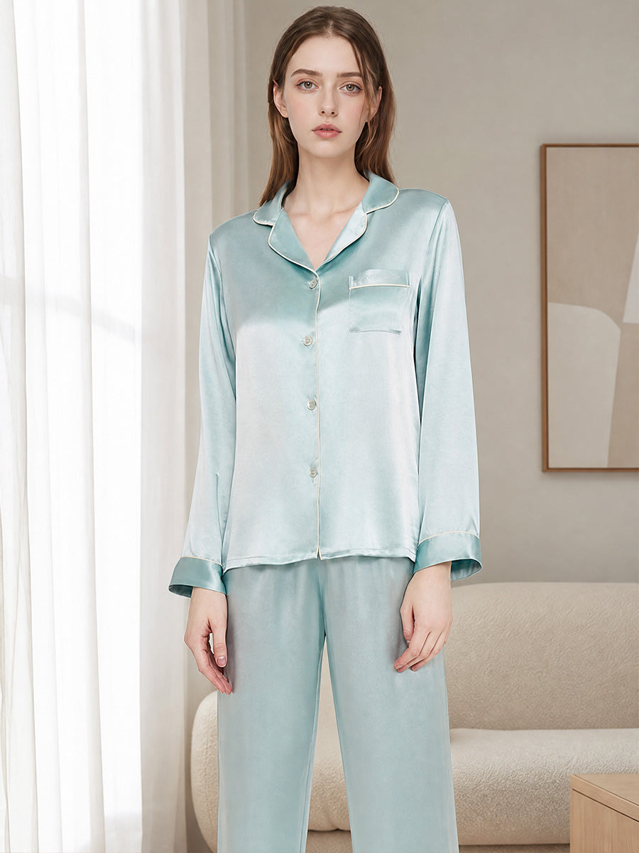 Contrast Piping Embroidery Long Sleeve Pajama Set