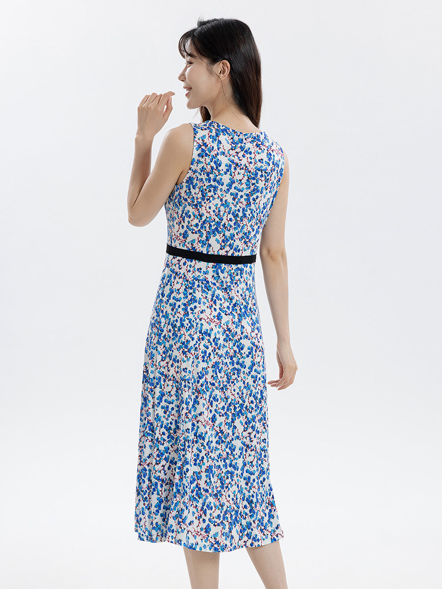 Midi Sleeveless Silk Blend Print Dress