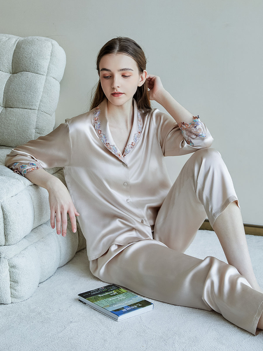 19 Momme Silk Pajama Set with Embroidered Lace Trim