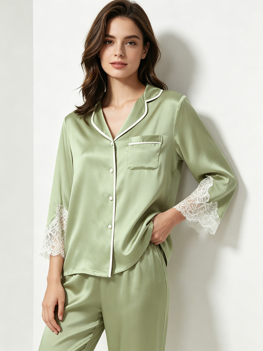 100% Mulberry Silk Lace Trim 3/4 Sleeve Pajama Set