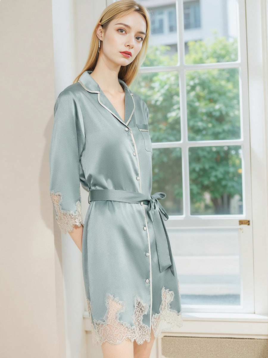 Notched Collar Button Front Lace Hem 100% Pure Silk Nightshirt