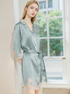 Notched Collar Button Front Lace Hem 100% Pure Silk Nightshirt