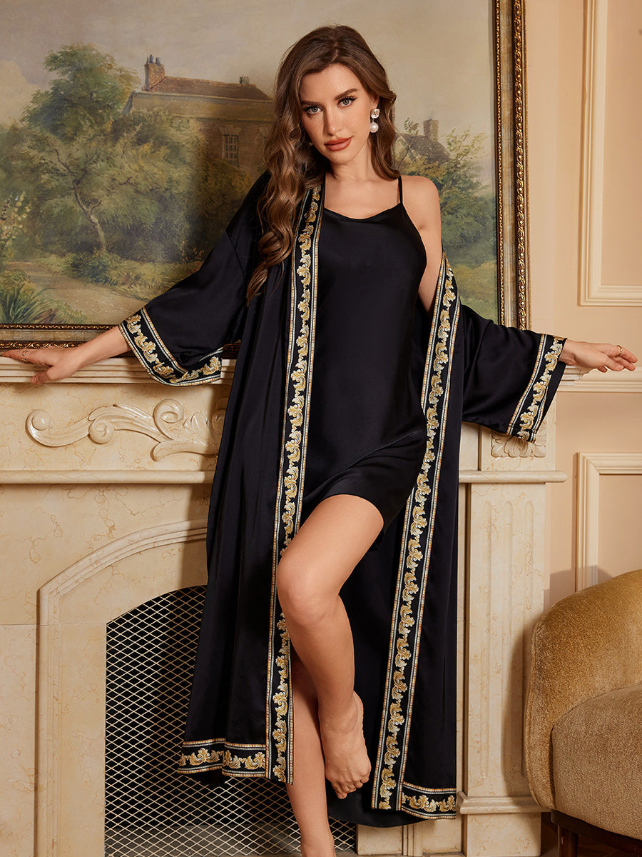 Black Trim Satin Chiffon Kimono Robe