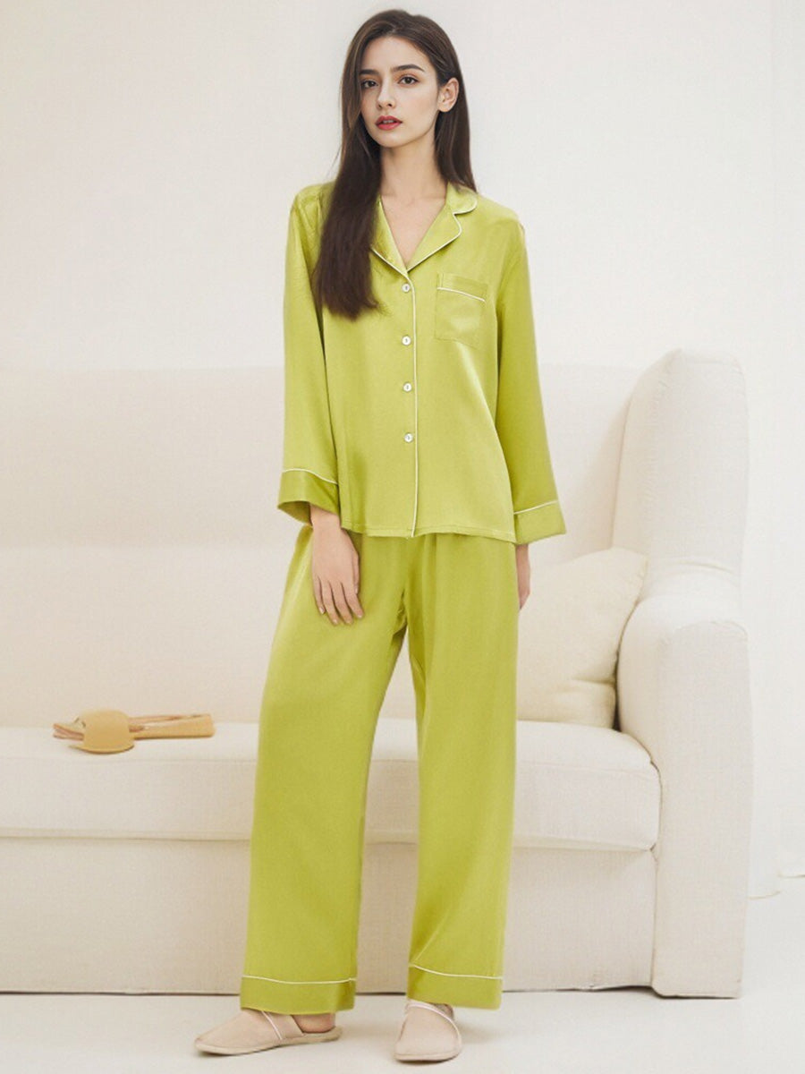 Contrast Piping Notched Collar Long Sleeve Pajama Set