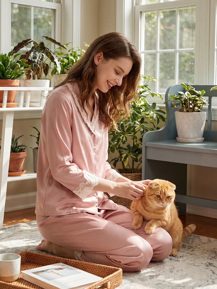 100% Mulberry Silk Lace Trim Notch Collar Pajama Set