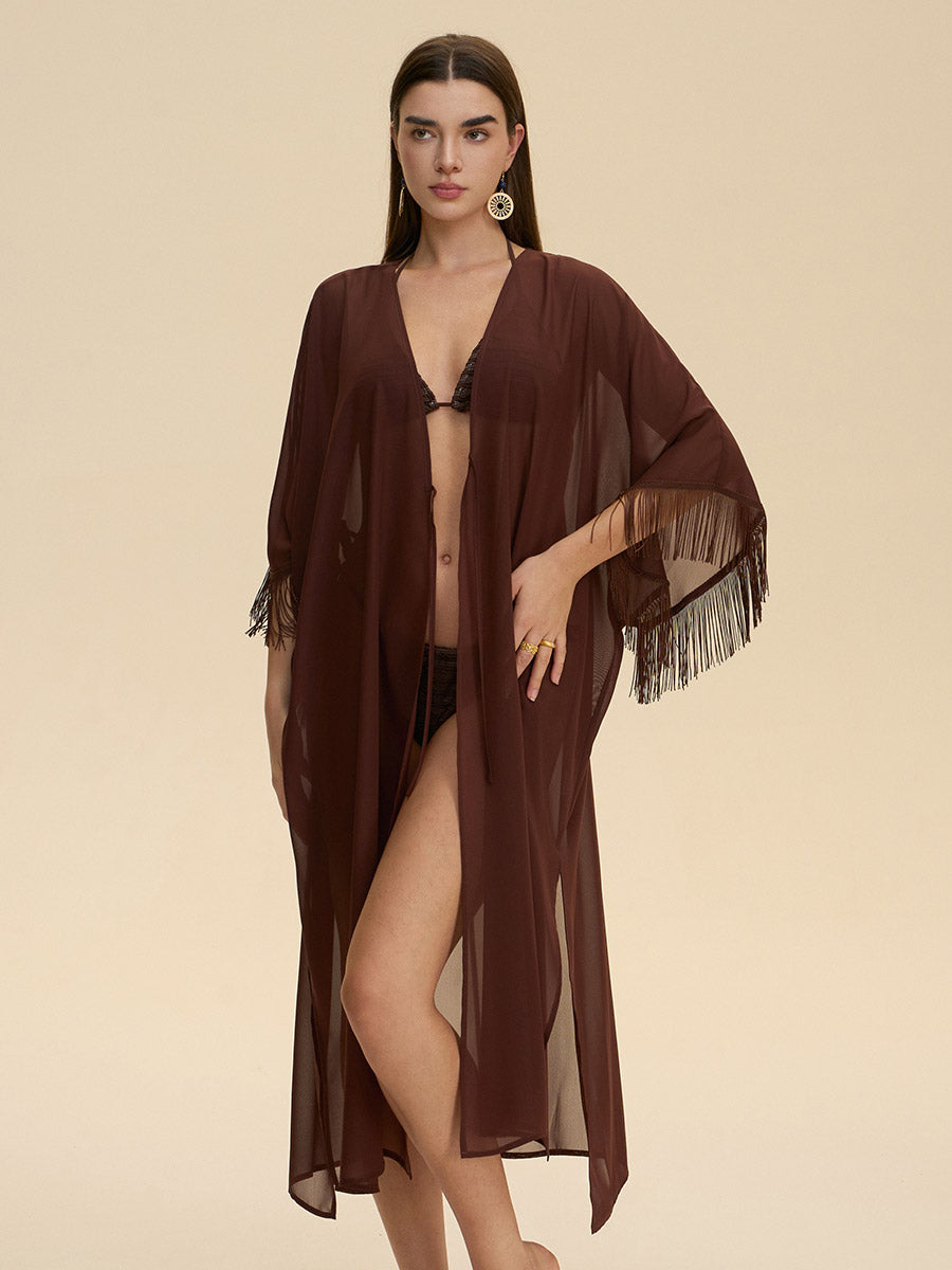 Fringe Trim Sheer Cover-Up Robe