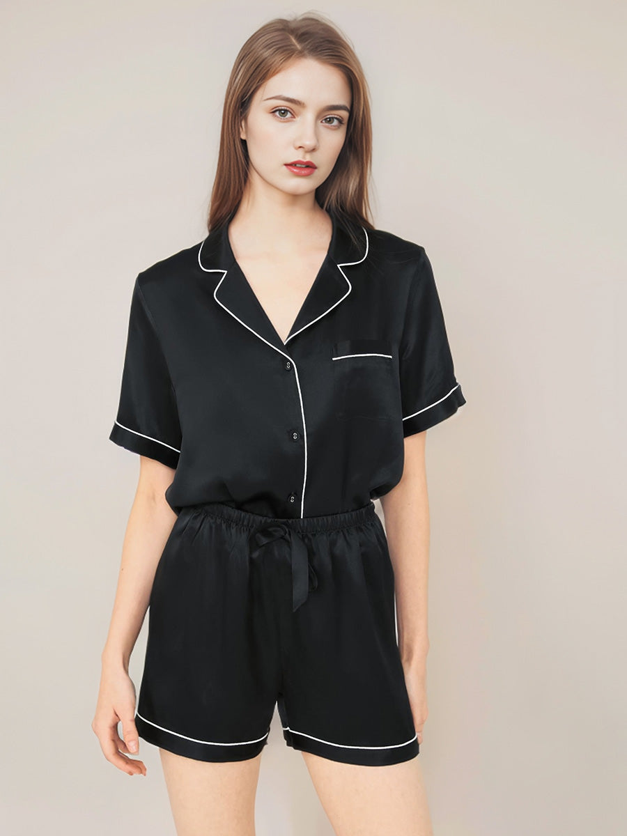 Notched Collar Button Down Top & Shorts Silk Sleepwear Set