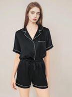 Notched Collar Button Down Top & Shorts Silk Sleepwear Set
