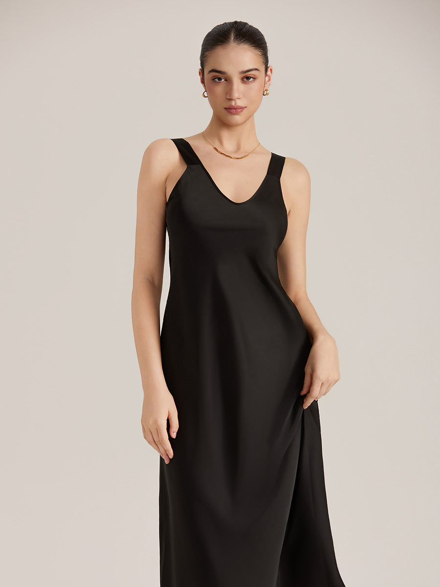 Satin Chiffon V-Neck Midi Slip Dress