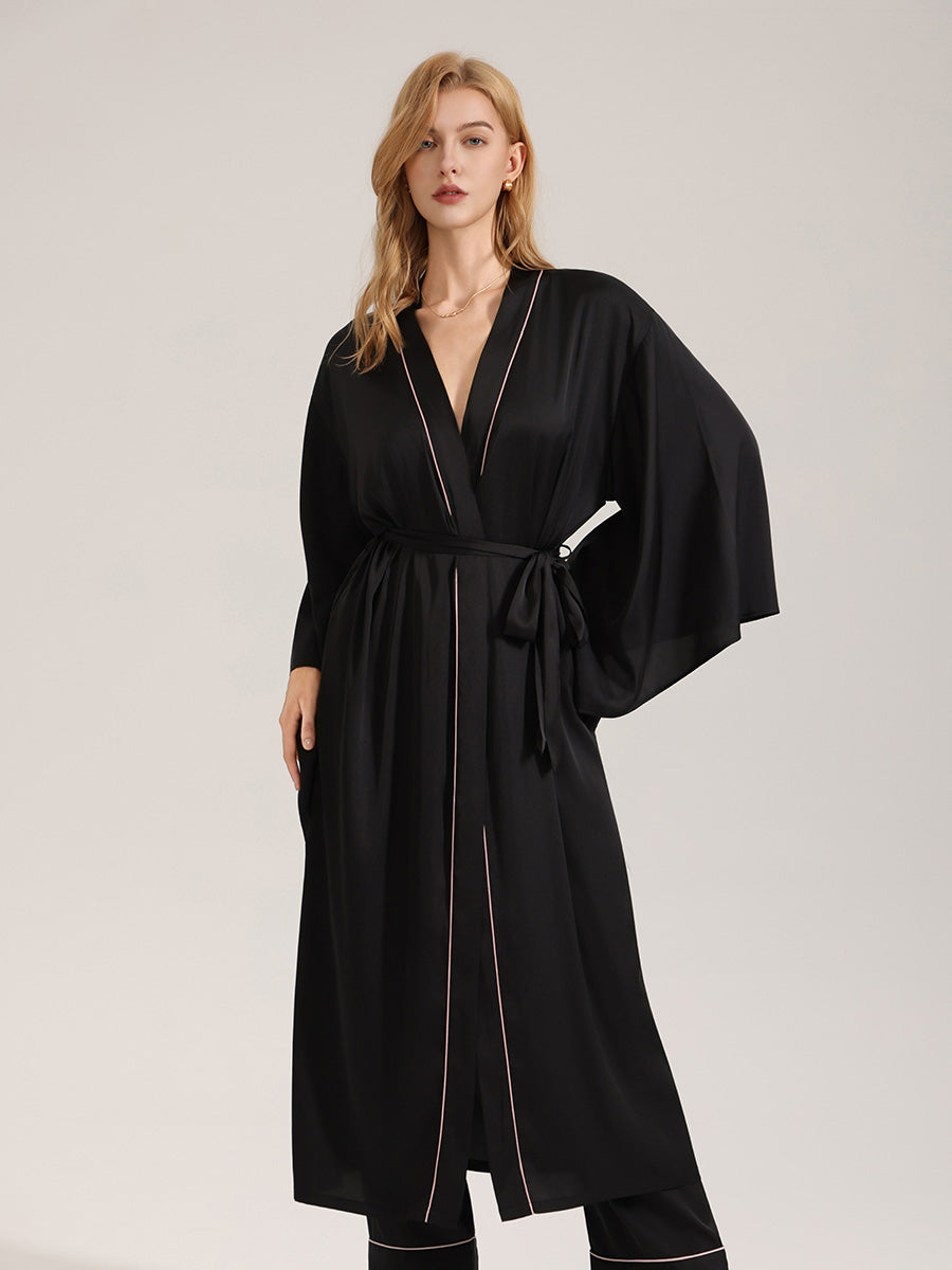 Black Satin Robe with Pink Piping