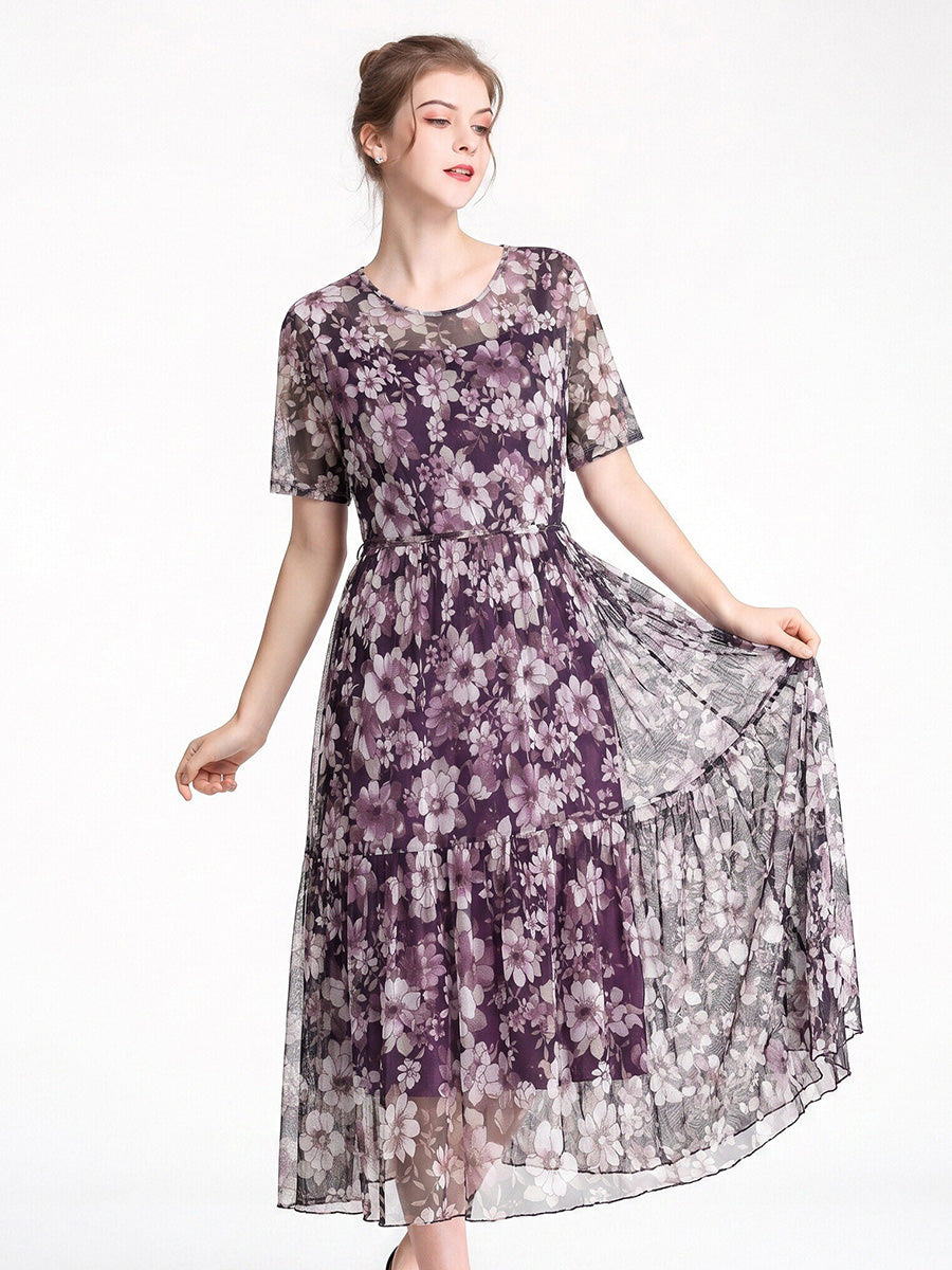 Short Sleeve Round Neck 100% Mulberry Silk Floral Dress