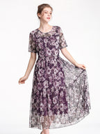 Short Sleeve Round Neck 100% Mulberry Silk Floral Dress