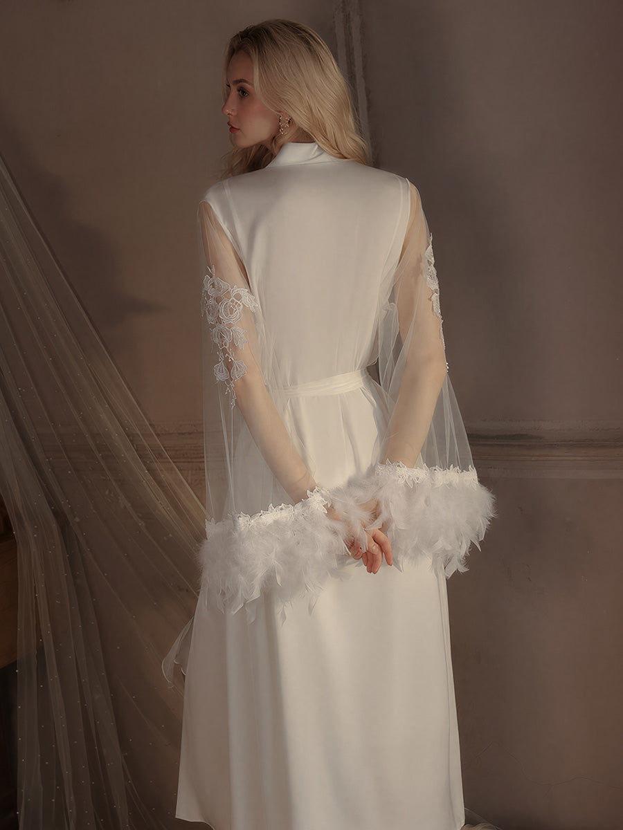 White Feather Trim Luxury Satin Nightgown Set