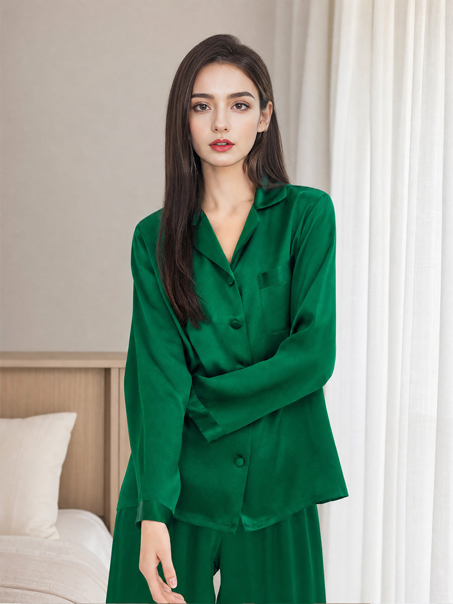 Classic Button Front Top & Long Pants Silk Sleepwear Set