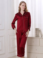 Long Sleeve Mulberry Silk Pajama Set with Contrast Piping