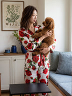 100% Mulberry Silk Red Rose Print Belted Pajama Set