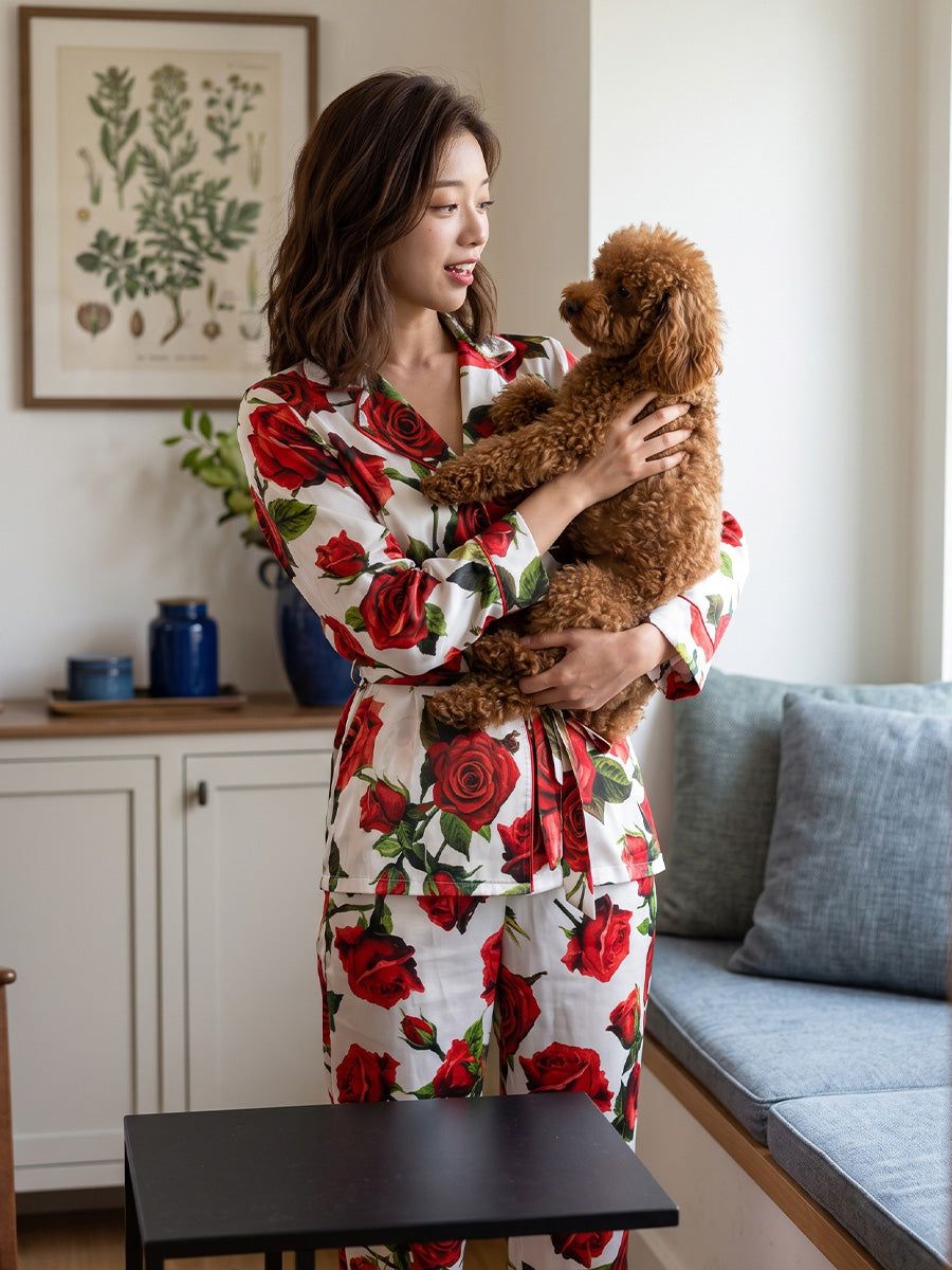 100% Mulberry Silk Red Rose Print Belted Pajama Set