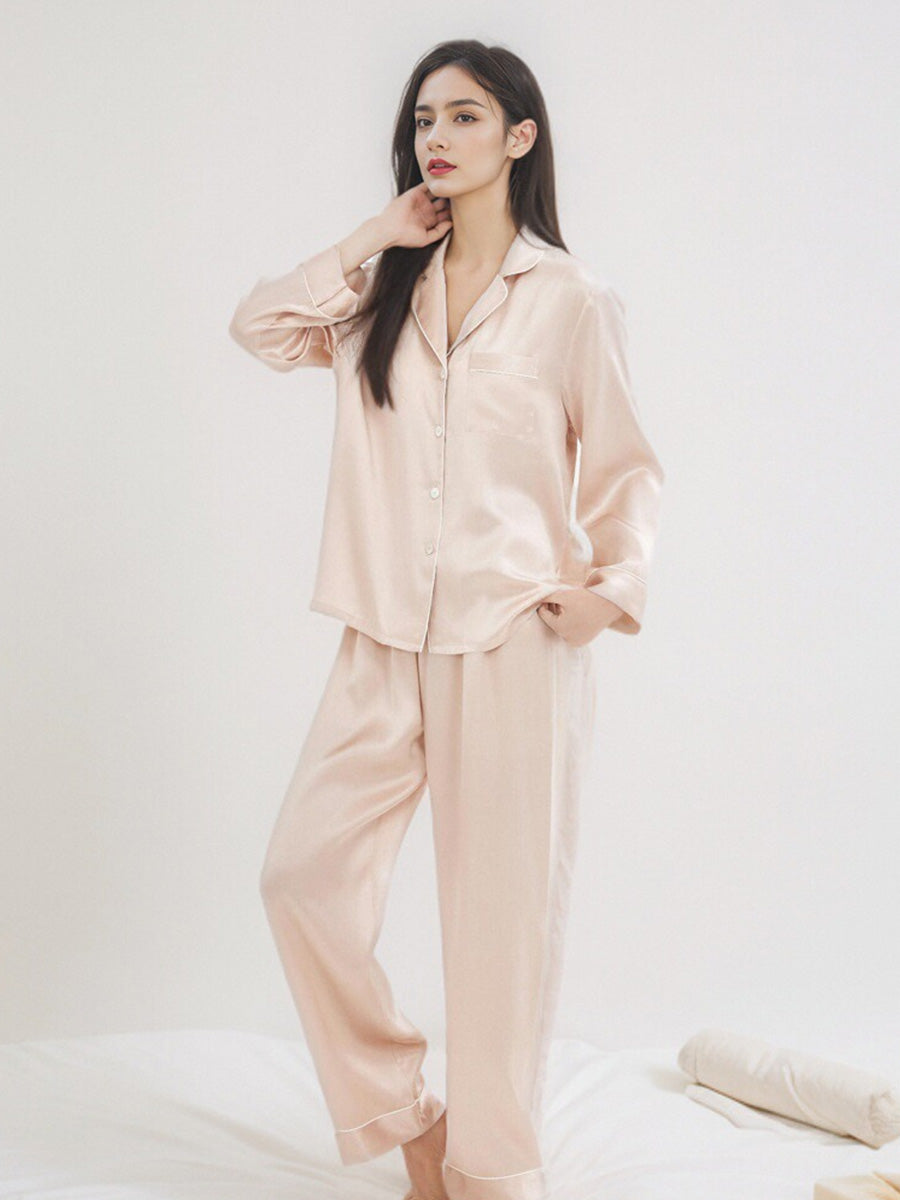 Contrast Piping Notched Collar Long Sleeve Pajama Set