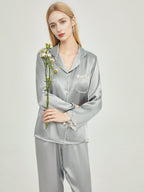 100% Mulberry Silk Scalloped Lace Trim Long Sleeve Pajama Set