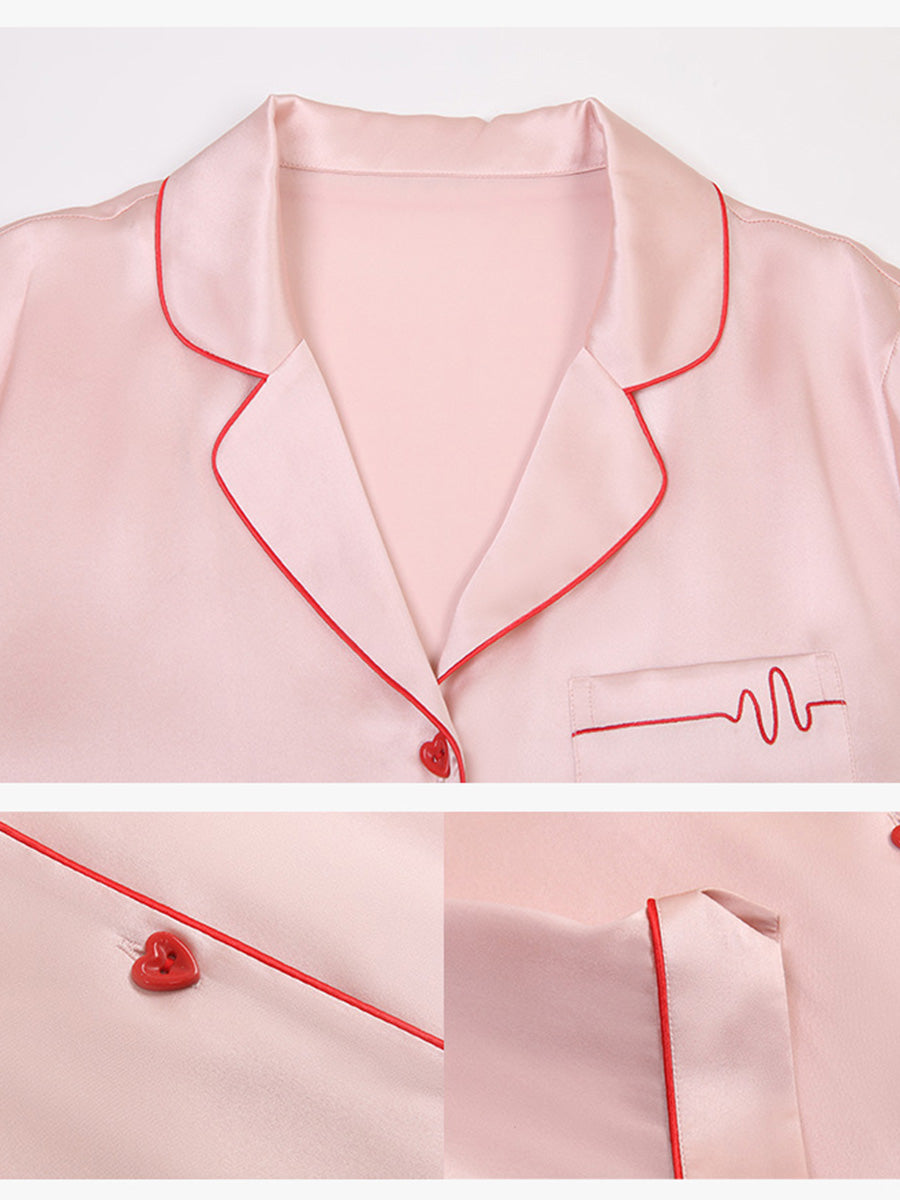 Notched Collar Button Front Chest Pocket Silk Sleepwear Set