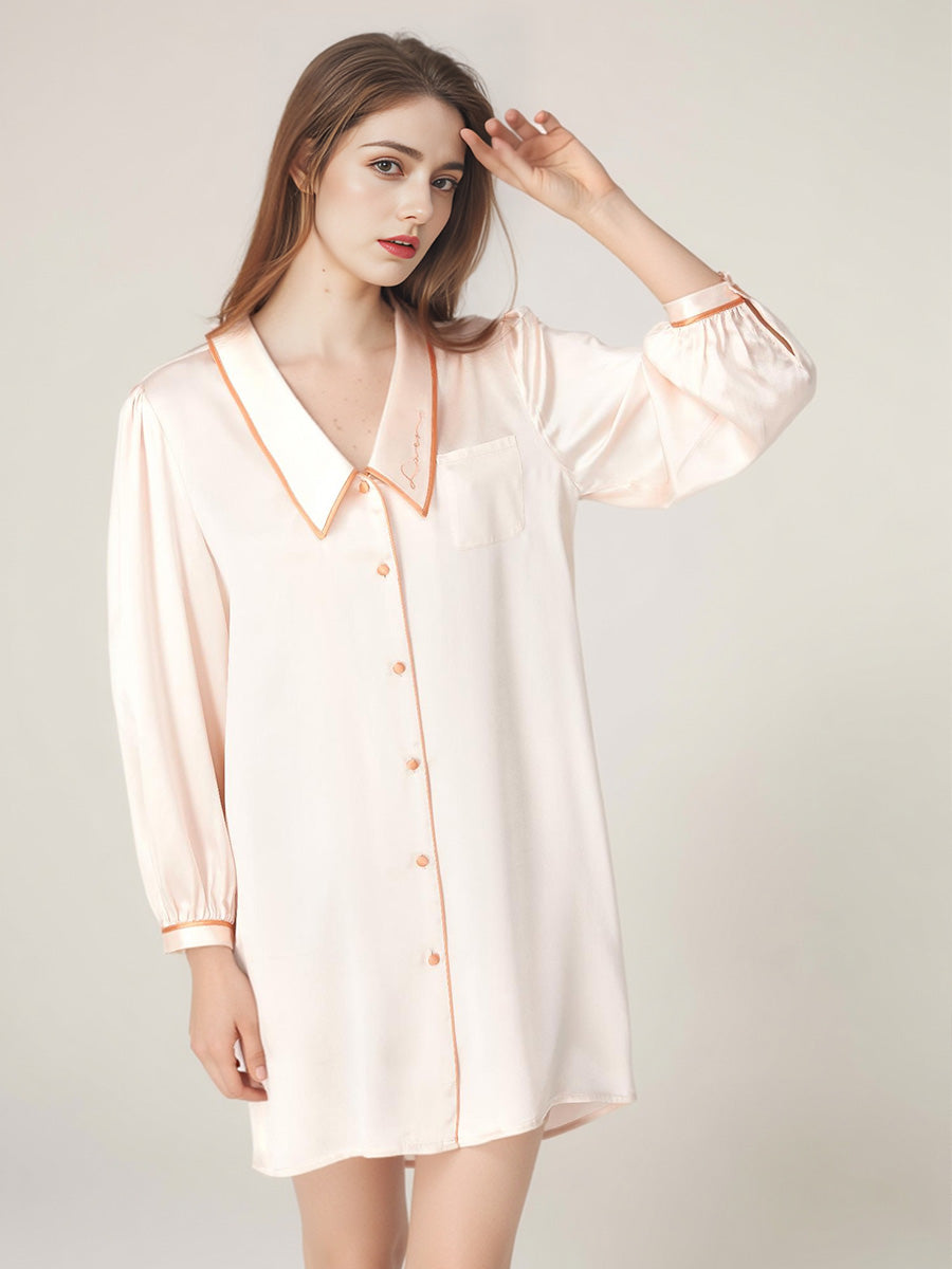 Notched Collar Button Front 100% Pure Silk Nightshirt