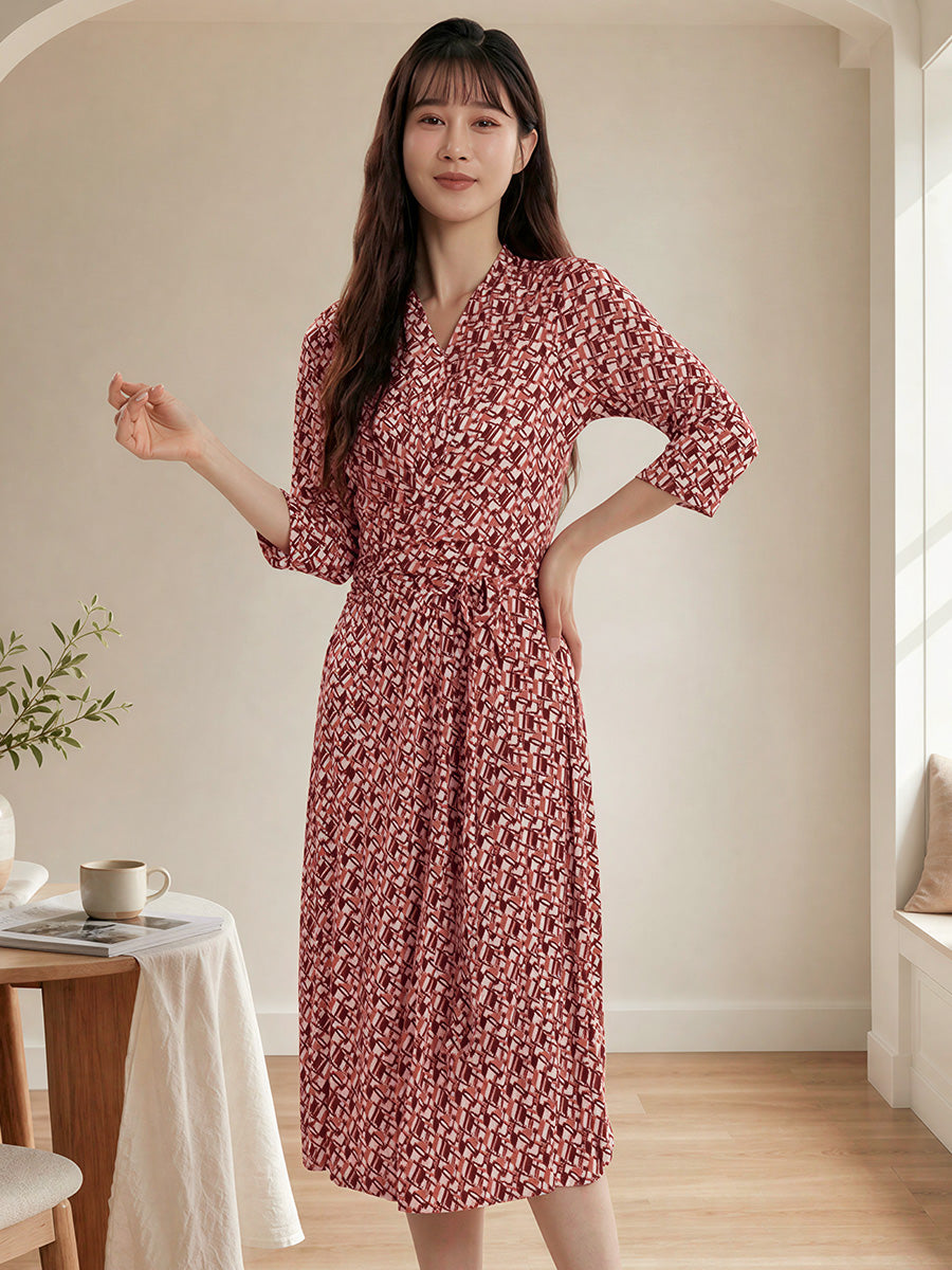 Geometric Print Tie Waist Silk Blend Midi Dress