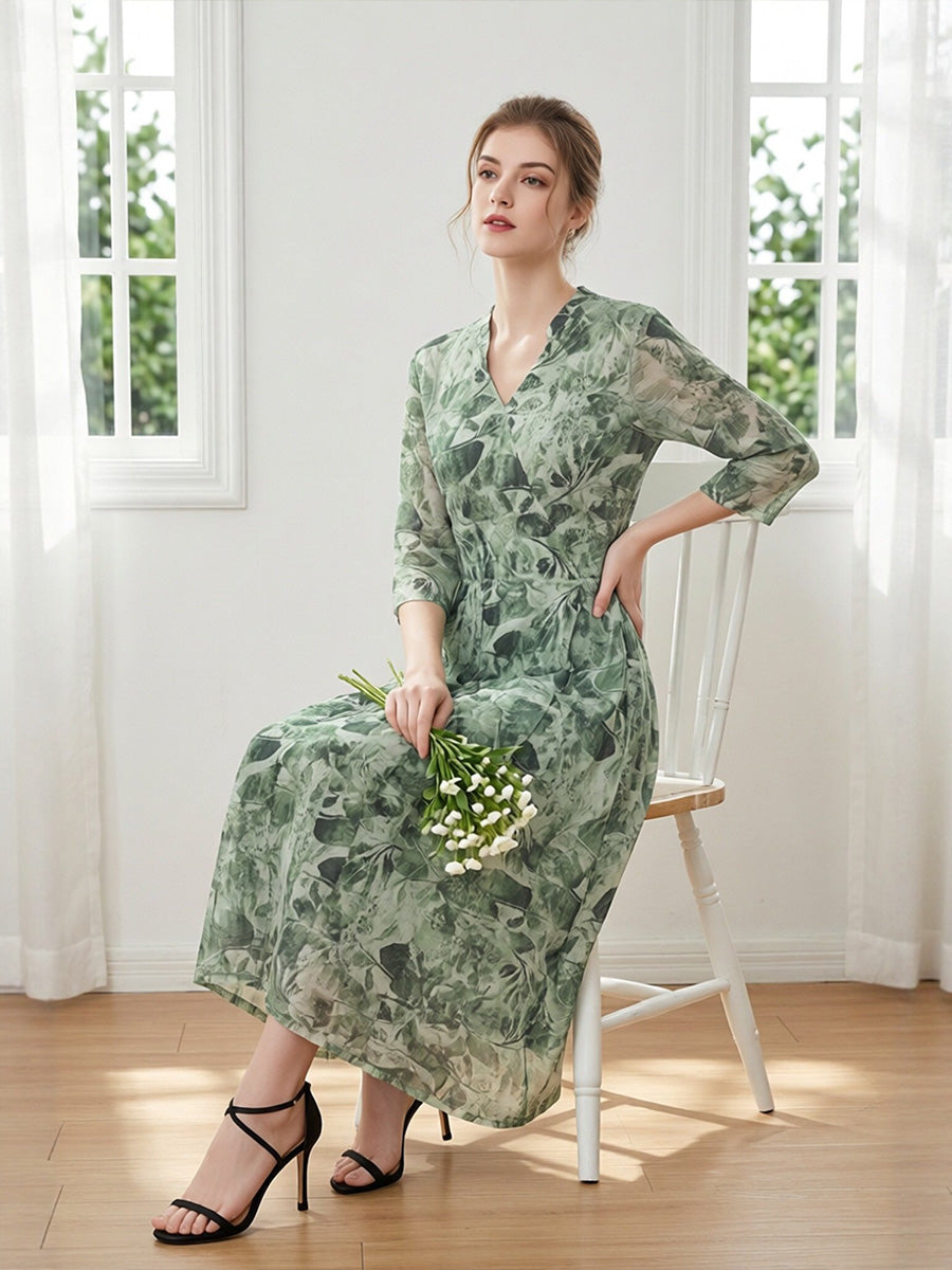100% Pure Silk Mesh V-Neck Midi Dress