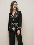 Notched Collar Button Front Silk Sleepwear with Waist Tie