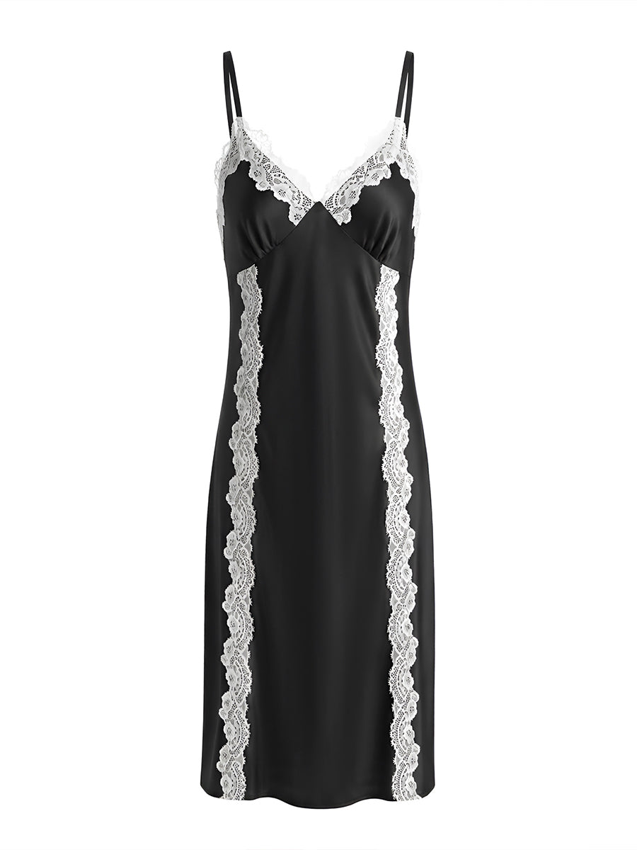 Black Satin Midi Slip Dress with Contrast Lace Trim
