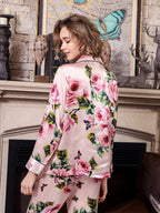 Long Sleeve Mulberry Silk Pajama Set with Rose and Butterfly Print