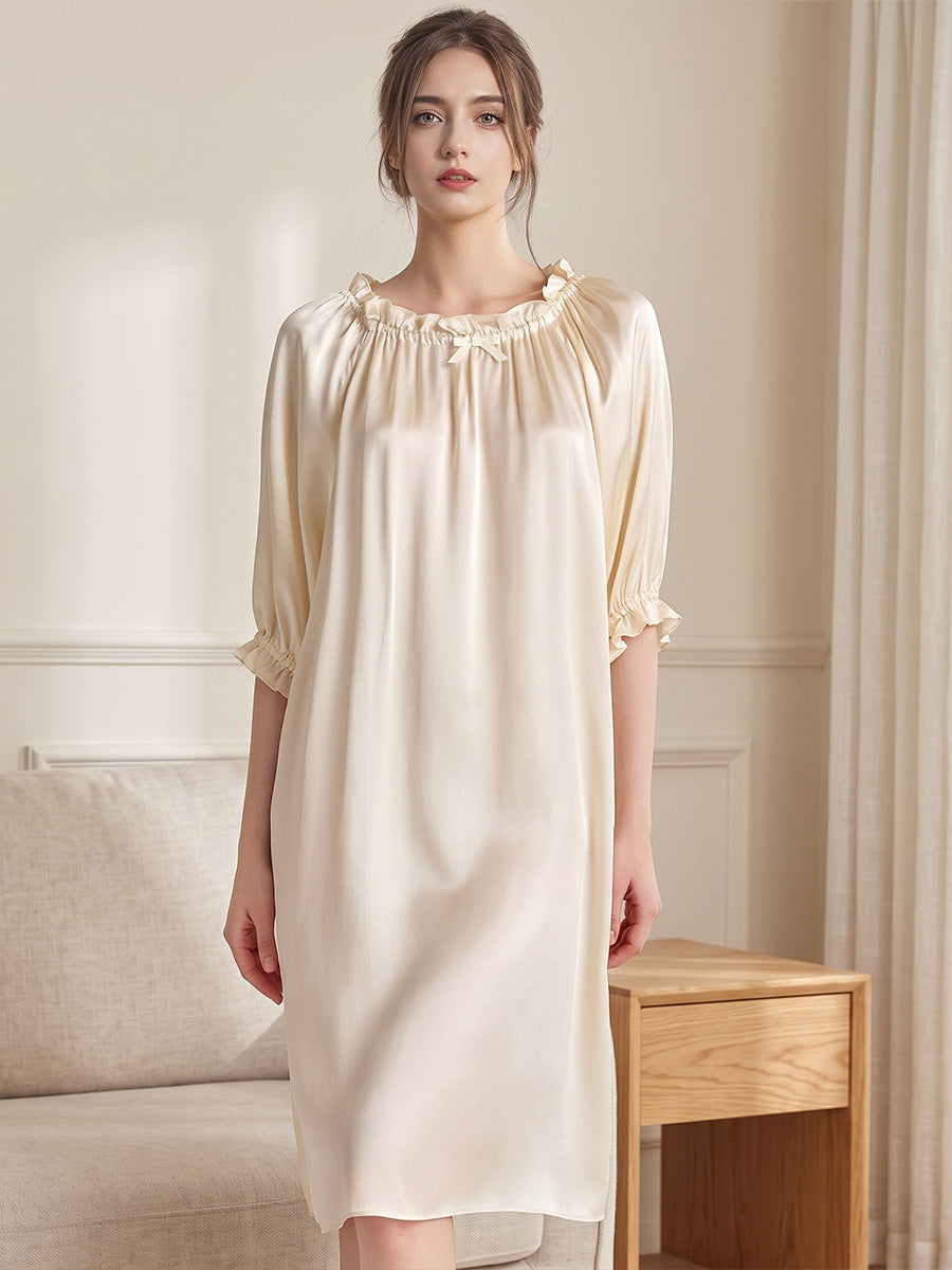 100% Mulberry Silk Ruffle Neck Bow Midi 3/4 Sleeve Nightgown
