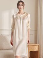 100% Mulberry Silk Ruffle Neck Bow Midi 3/4 Sleeve Nightgown