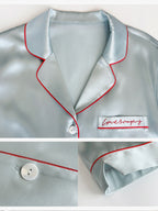 100% Mulberry Silk Contrast Red Piping Letter Embroidery Long Sleeve Pajama Set