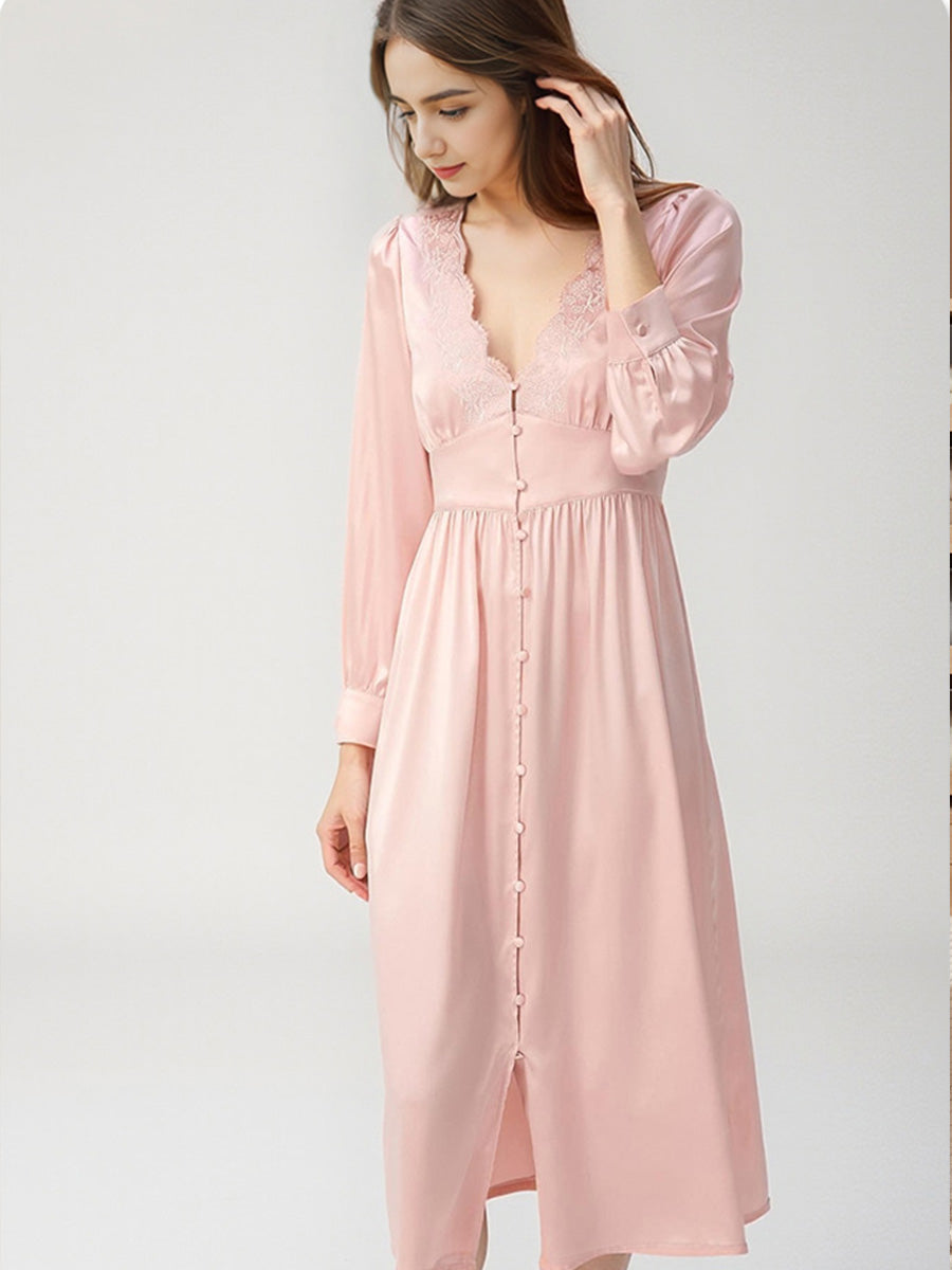 Elegant Lace Trim V-Neck 100% Mulberry Silk Full Length Nightdress