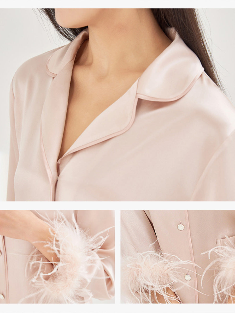 100% Mulberry Silk Ostrich Feather Trim Pajama Set