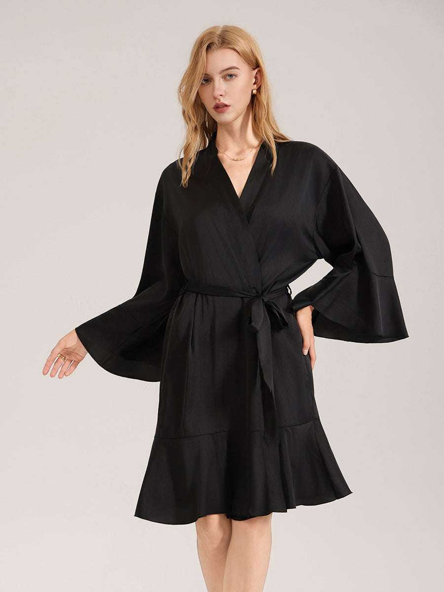 Black Satin Ruffle Hem Robe