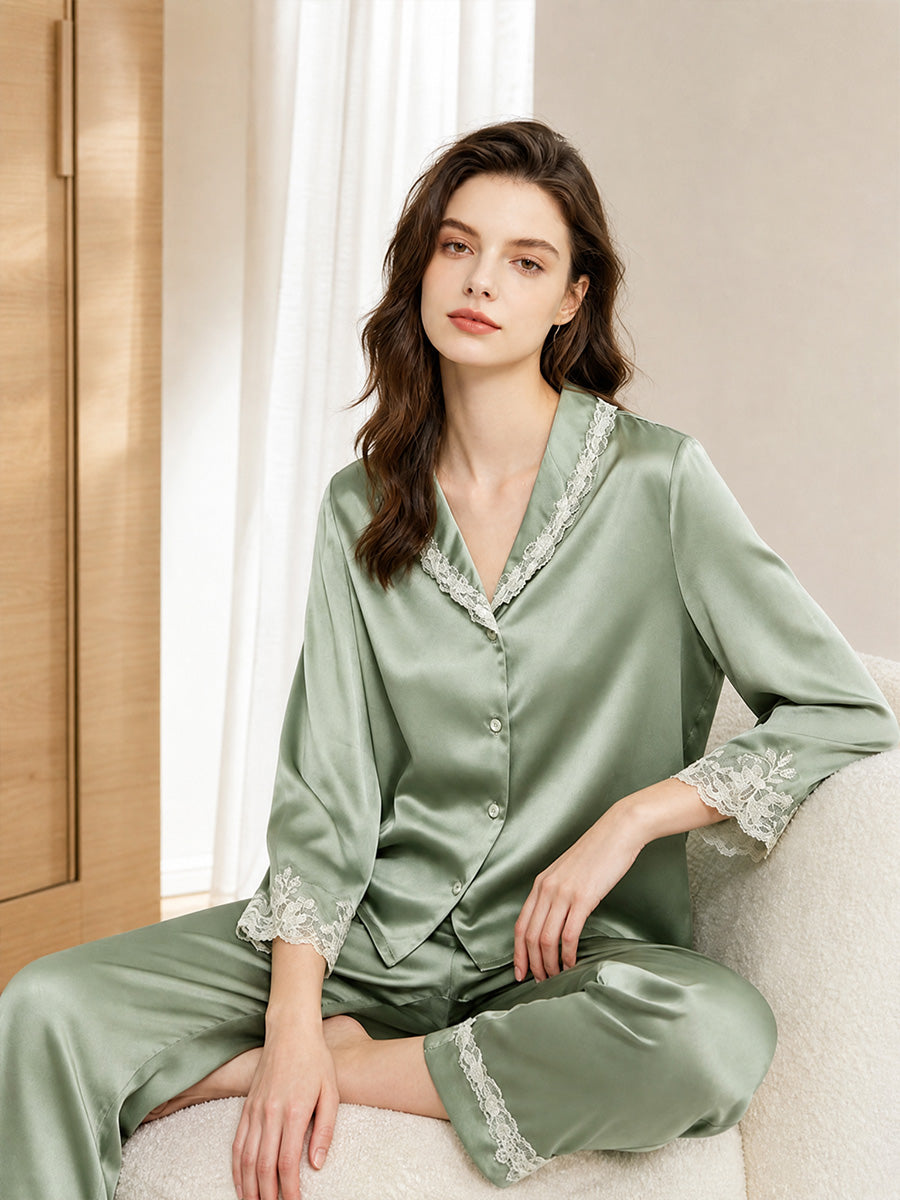100% Mulberry Silk Lace Trim Notch Collar Pajama Set