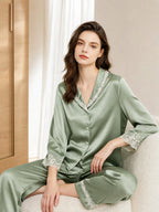 100% Mulberry Silk Lace Trim Notch Collar Pajama Set