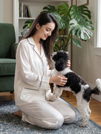 100% Mulberry Silk Contrast Piping Letter Embroidery Long Sleeve Pajama Set