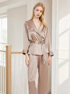100% Mulberry Silk Wrap Belted Pajama Set Contrast Piping Trim