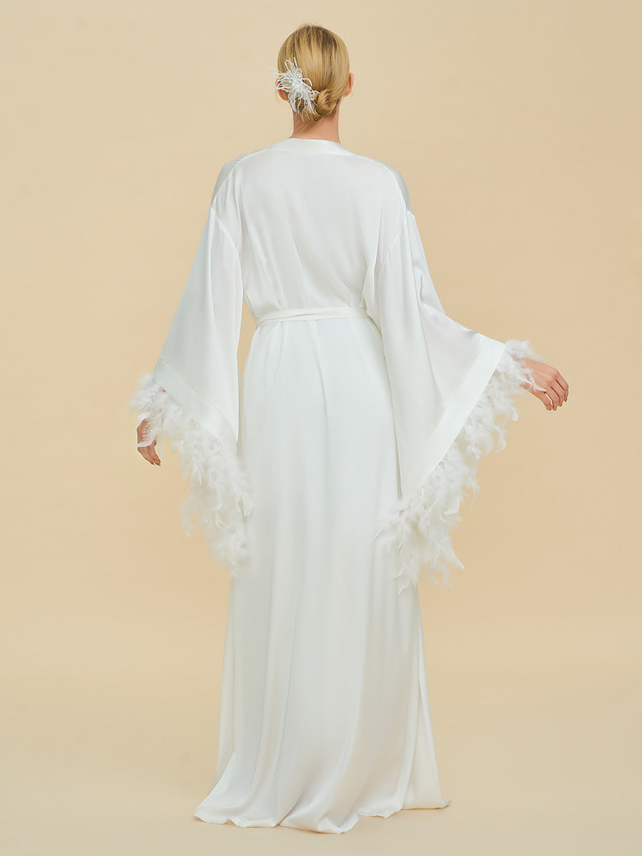White Satin Maxi Robe with Oversized Feather Cuffs