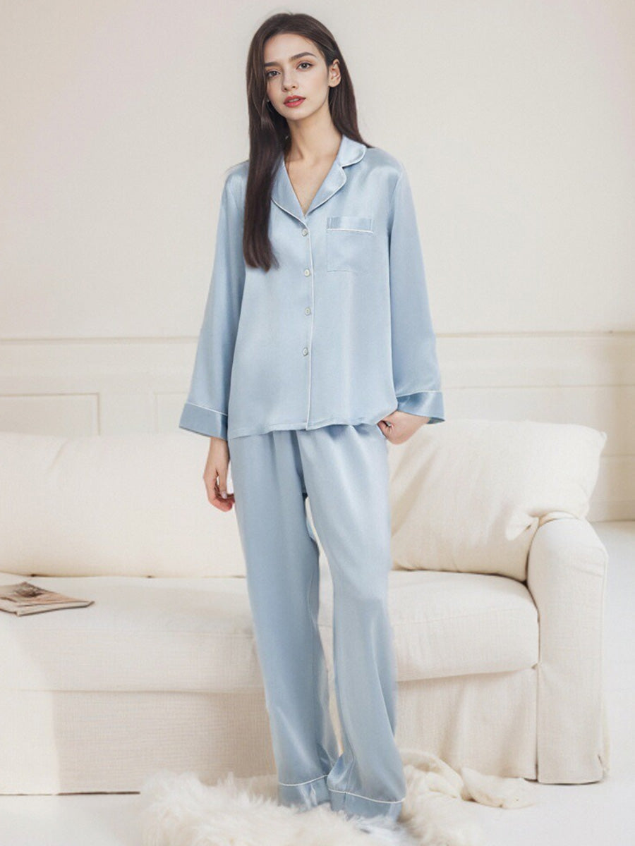 Contrast Piping Notched Collar Long Sleeve Pajama Set