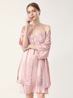 Rose Lace Mulberry Silk Robe and Slip Dress Set