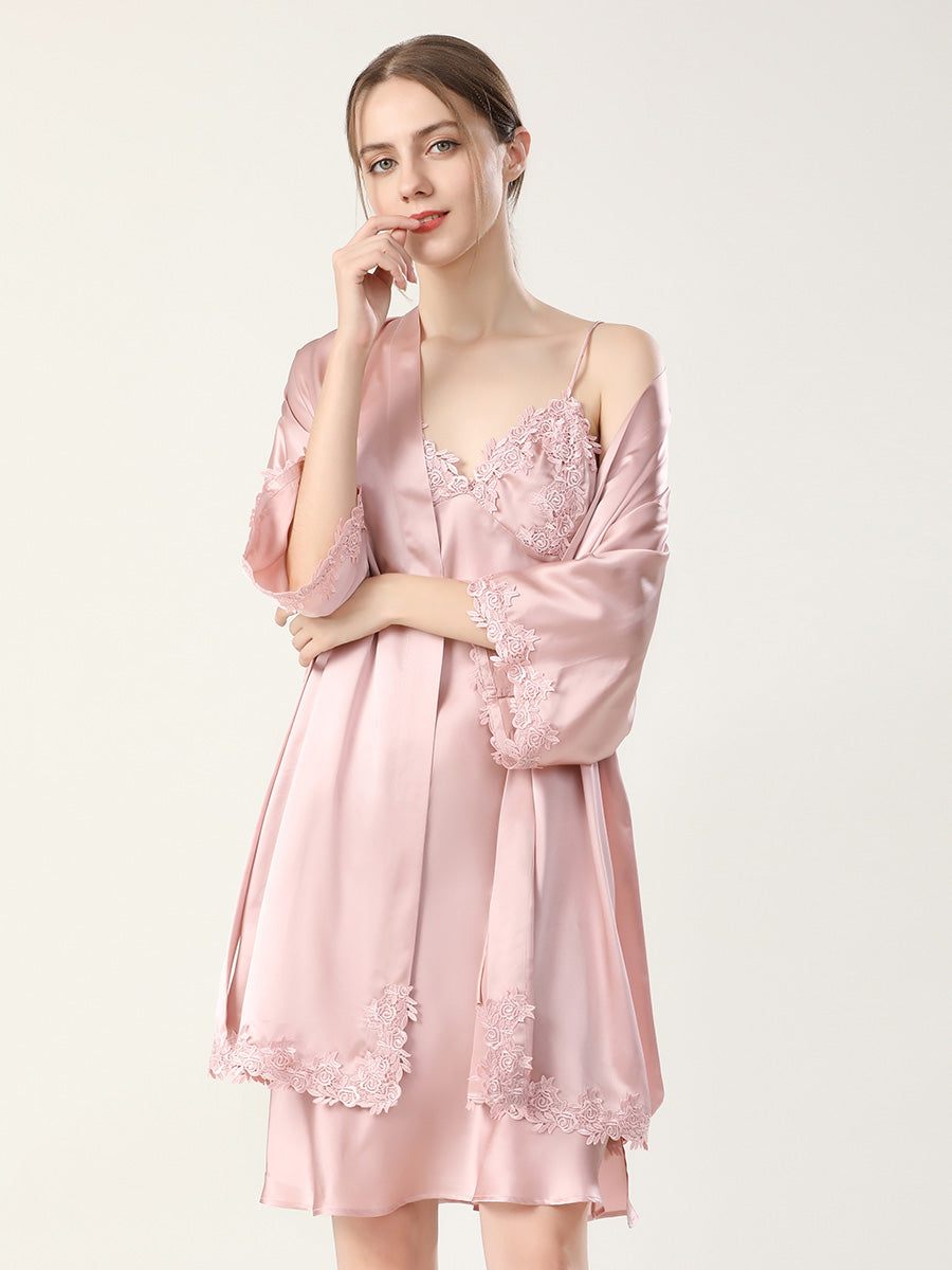 Rose Lace Mulberry Silk Robe and Slip Dress Set