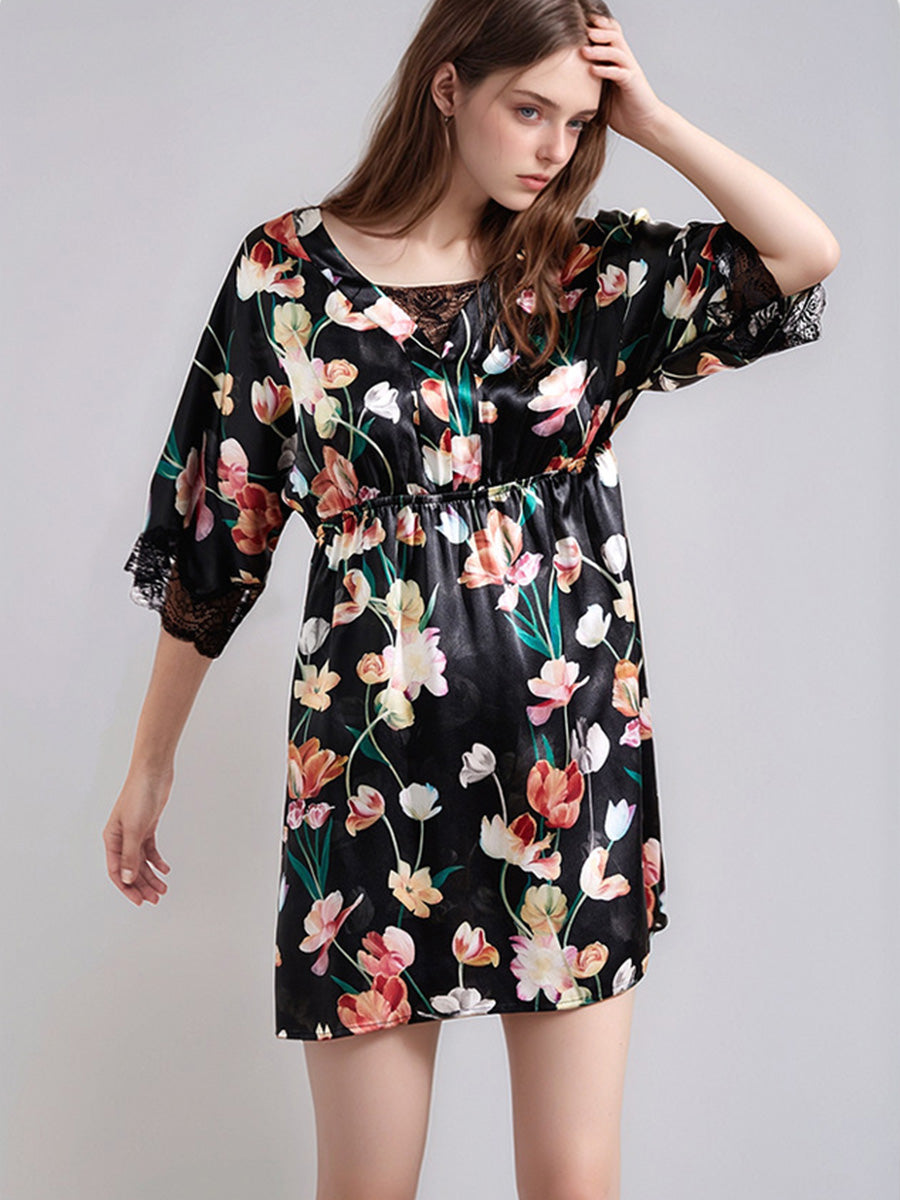 Loose Vintage Floral 100% Mulberry Silk Short Nightdress