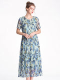 Short Sleeve Round Neck 100% Mulberry Silk Floral Dress