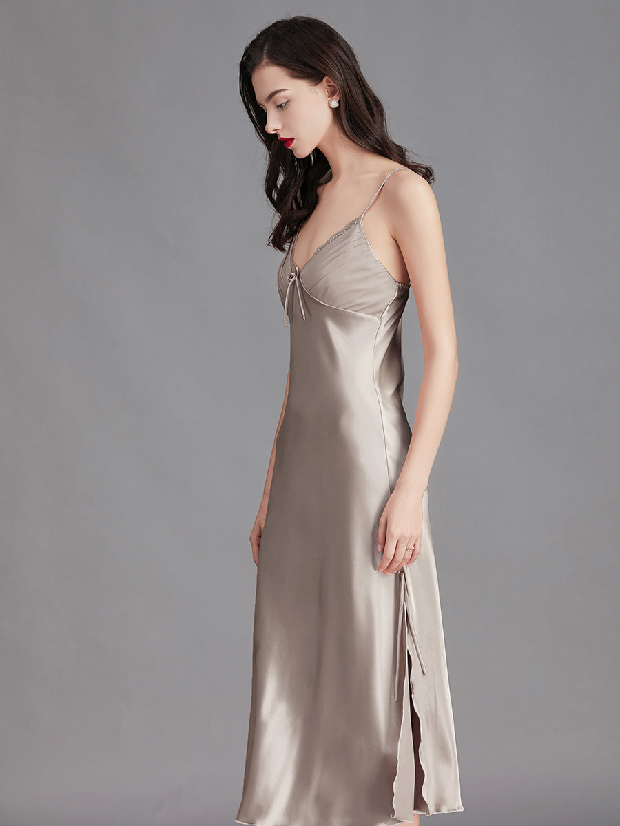 Light Grey Silky Lace Trim Slip Dress