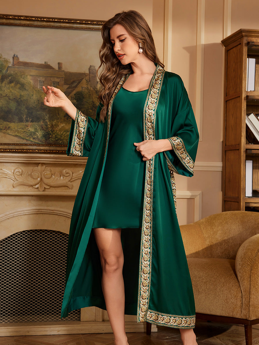 Emerald Trim Satin Chiffon Kimono Robe
