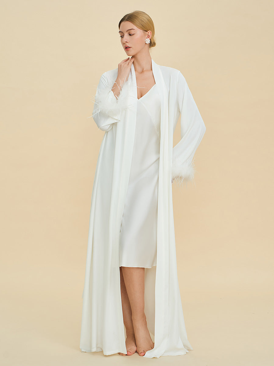 White Satin Maxi Robe with Feather Cuffs