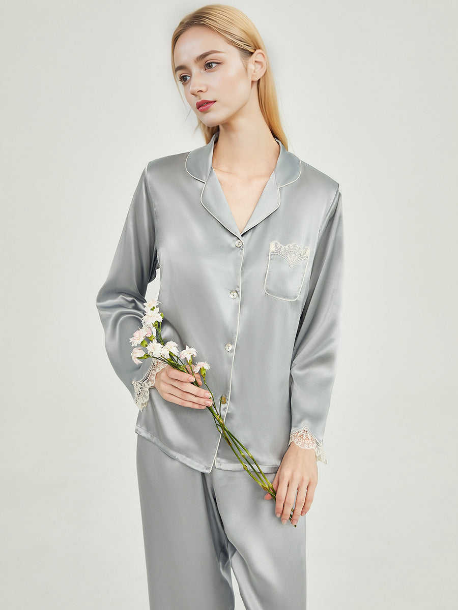 100% Mulberry Silk Scalloped Lace Trim Long Sleeve Pajama Set
